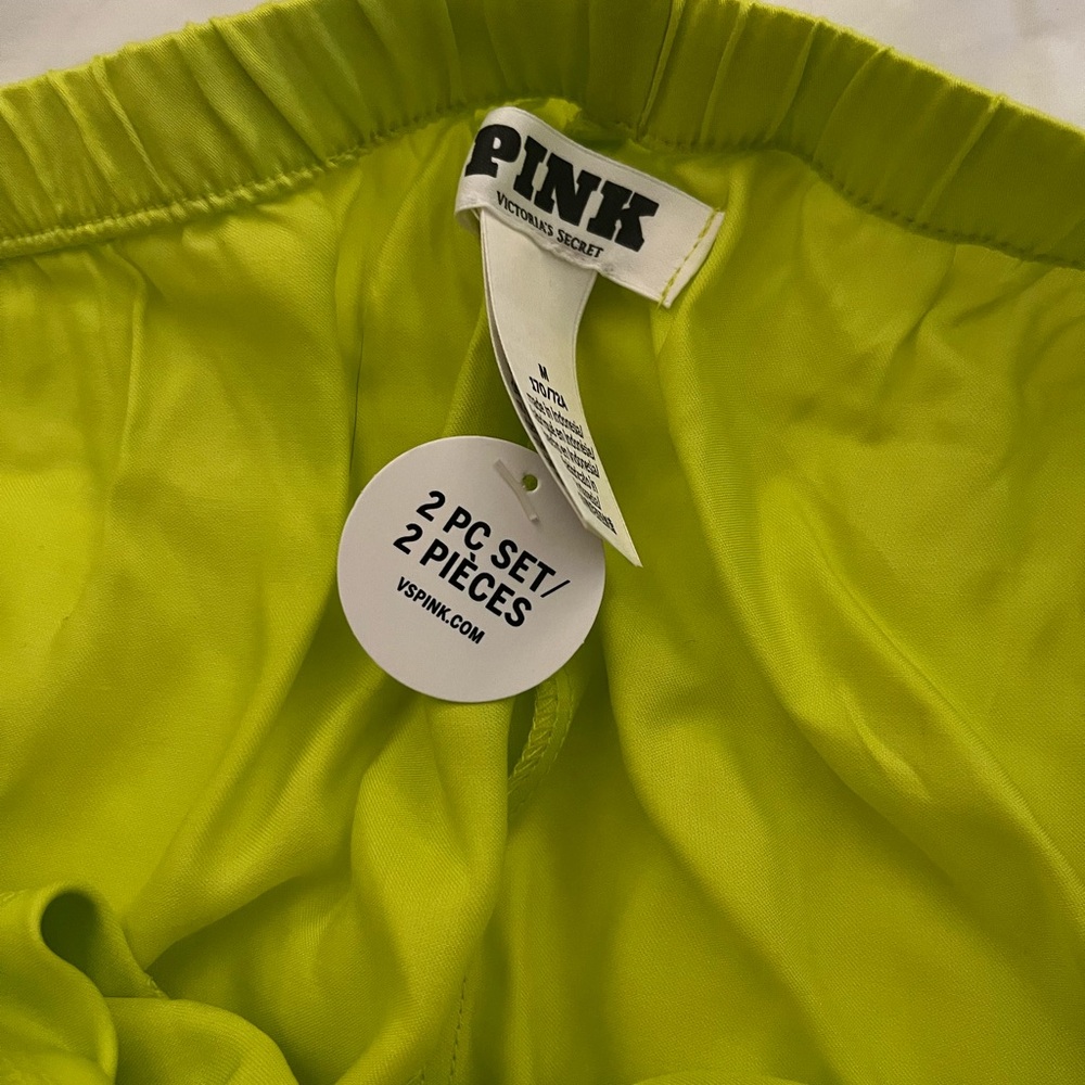 Victoria's Secret Lime Satin Pajama Set with Black Lace - Picture 4 of 4